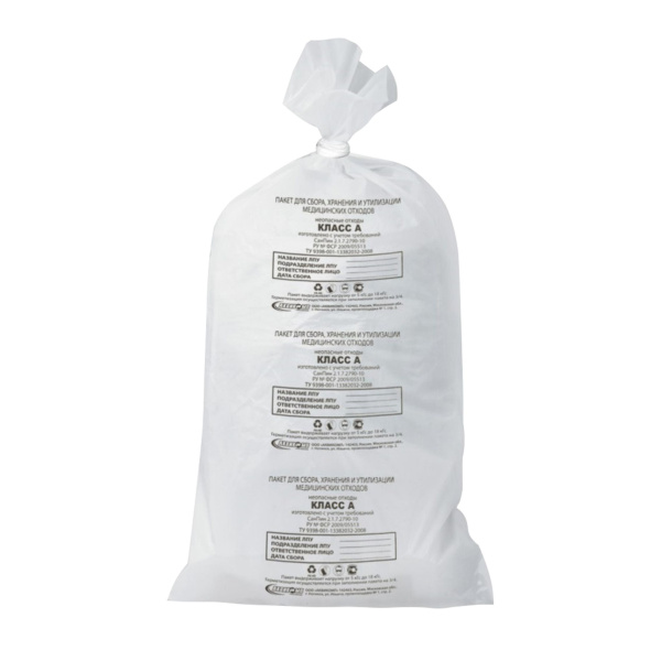 пакеты (400+300)х950 90л 16мкм Класс А с завязками/250